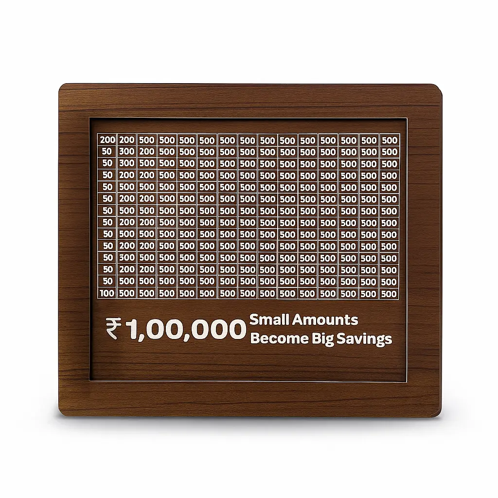 Wooden Money Box with Savings Tracker | 1 Lakh Goal Piggy Bank for Kids & Adults | Cash Collection Bank with Savings Chart | 100000 Gullak for Financial Savings Habit
