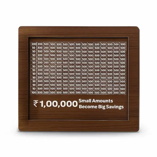 Wooden Money Box with Savings Tracker | 1 Lakh Goal Piggy Bank for Kids & Adults | Cash Collection Bank with Savings Chart | 100000 Gullak for Financial Savings Habit